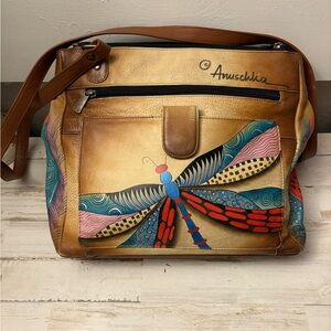 Anuschka Tan Leather Shoulder Bag with Hand-Painted Multicolor Dragonfly